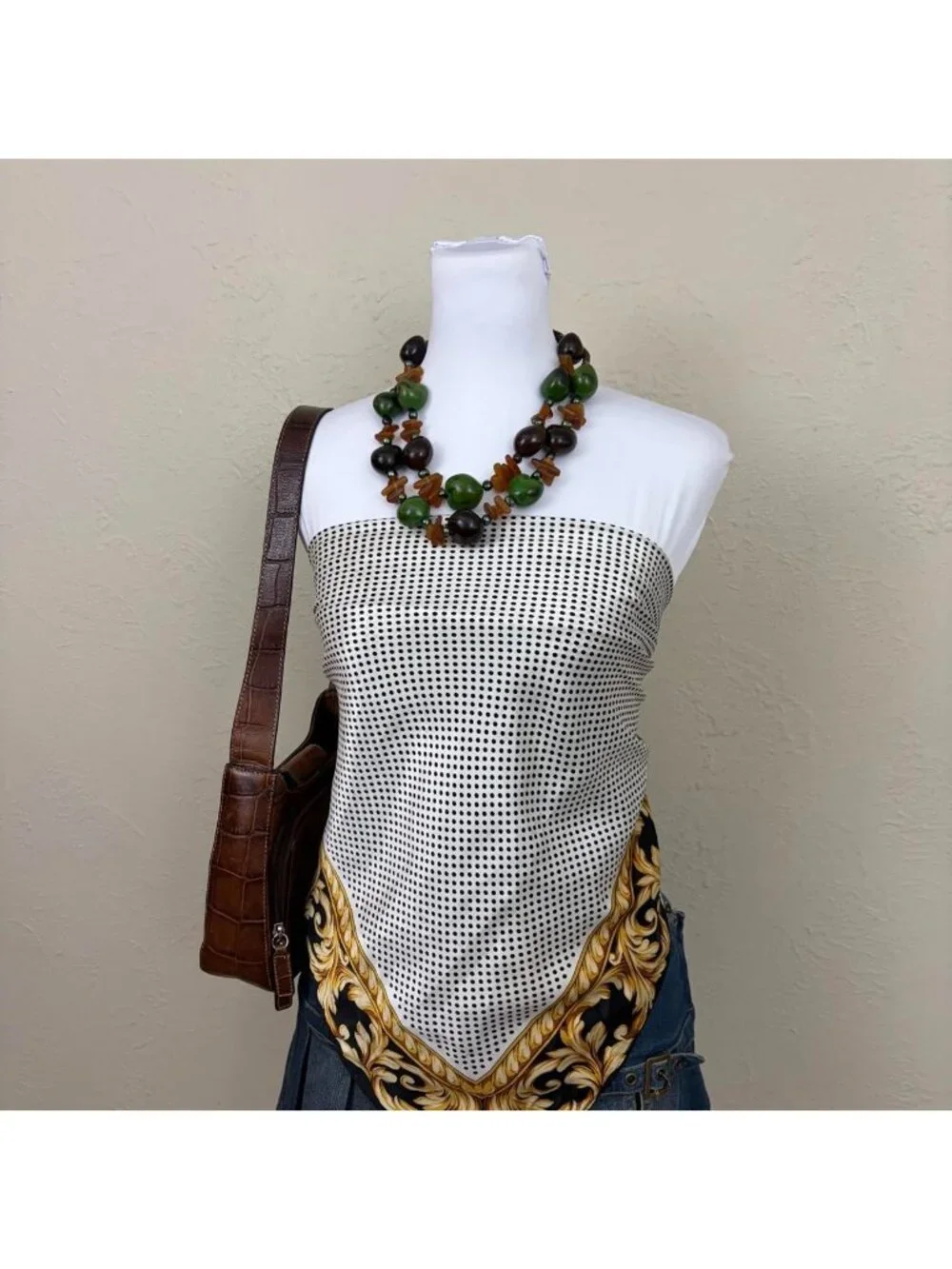 Y2K white & black polka dot satin scarf
